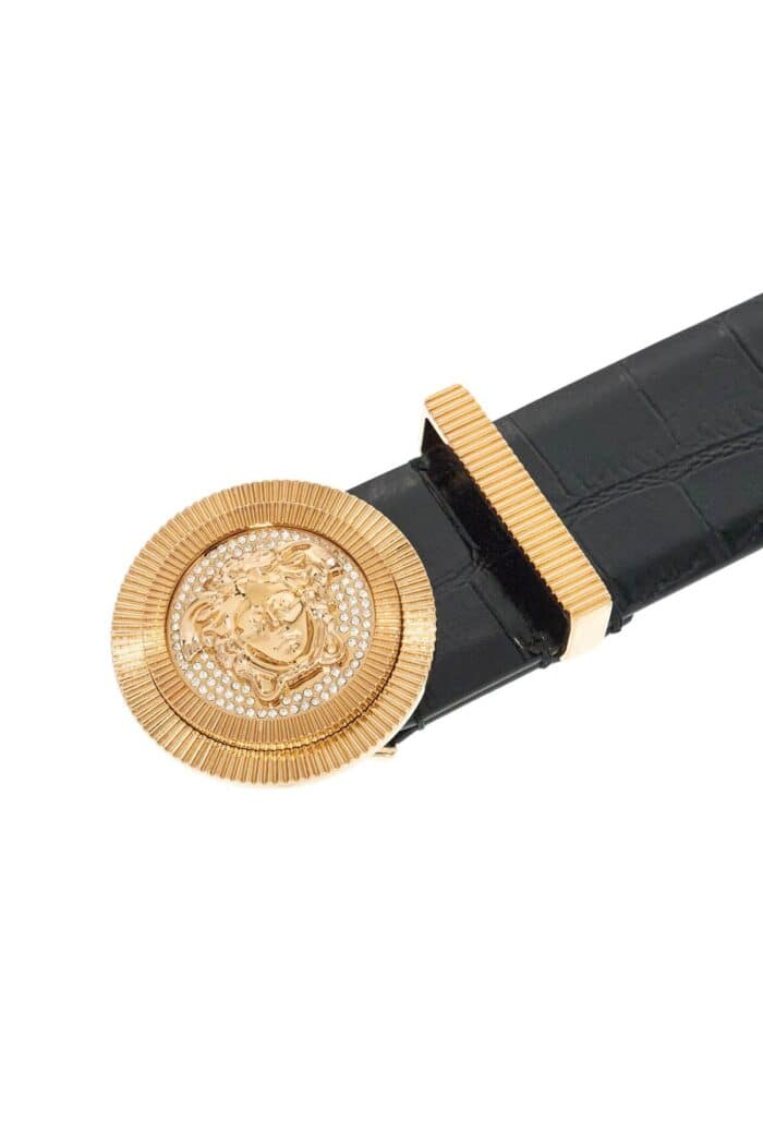 VERSACE Black Embossed Crocodile Calfskin Belt With Rhinestones 40mm