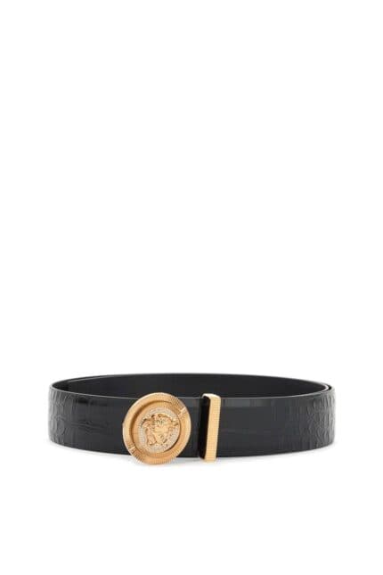 VERSACE Black Embossed Crocodile Calfskin Belt With Rhinestones 40mm