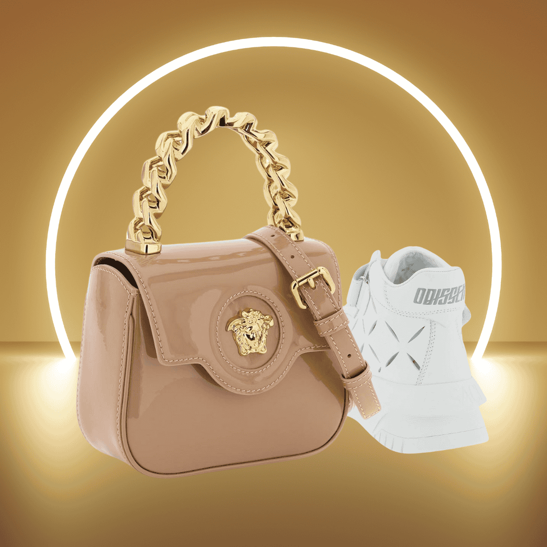 Versace handbag and sneakers with a gold circular background.