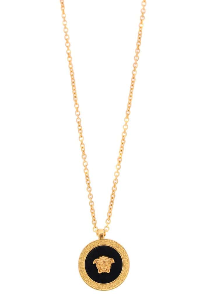 VERSACE Men's Necklace With Round Logo In Gold Metal And Black Resin