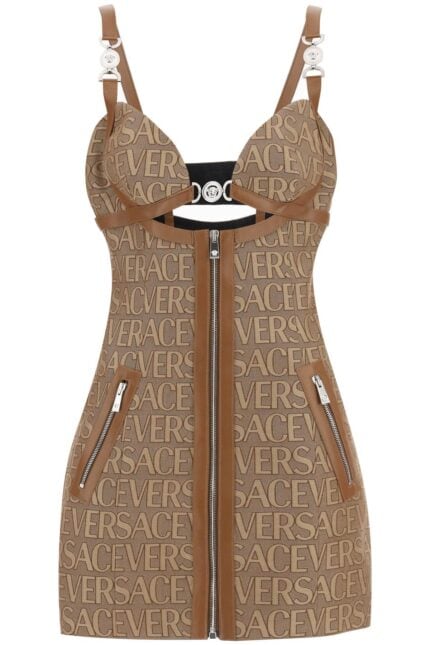 Versace Monogram Mini Dress With Leather Trims