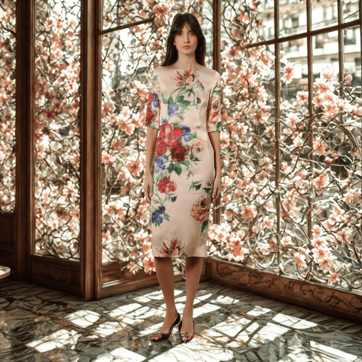 Woman in a floral silk midi dress standing by ornate windows framed with pink blossoms — refined elegance. THE WISHLINE – Designer Dresses.