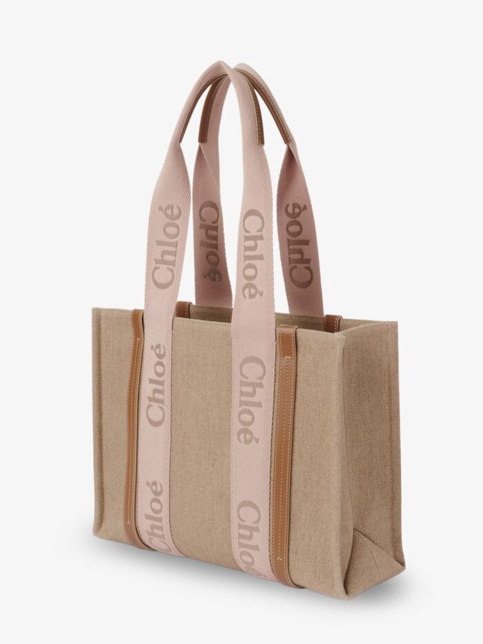 CHLOE' Woody Linen Shoulder Bag With Front Embroidered Logo