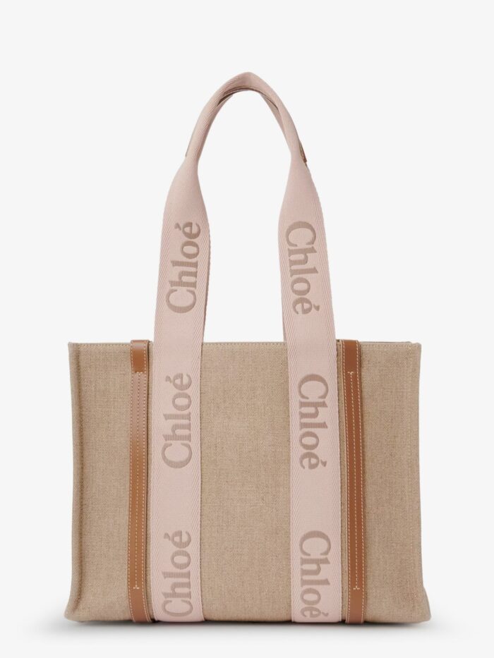 CHLOE' Woody Linen Shoulder Bag With Front Embroidered Logo