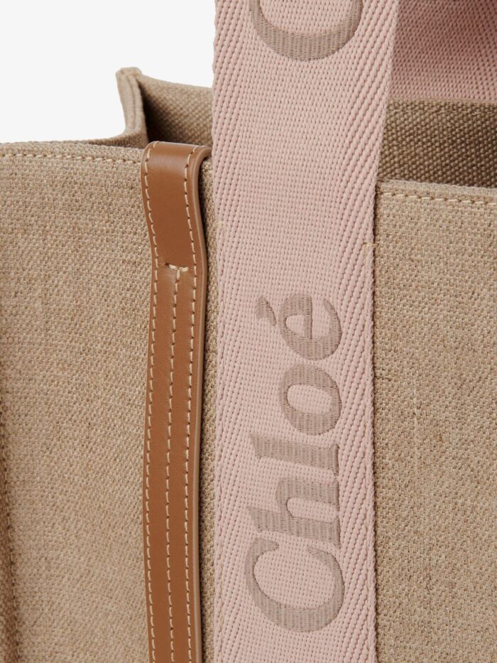 CHLOE' Woody Linen Shoulder Bag With Front Embroidered Logo