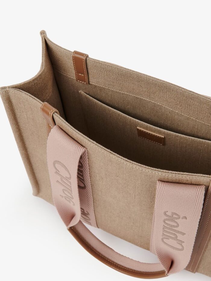 CHLOE' Woody Linen Shoulder Bag With Front Embroidered Logo