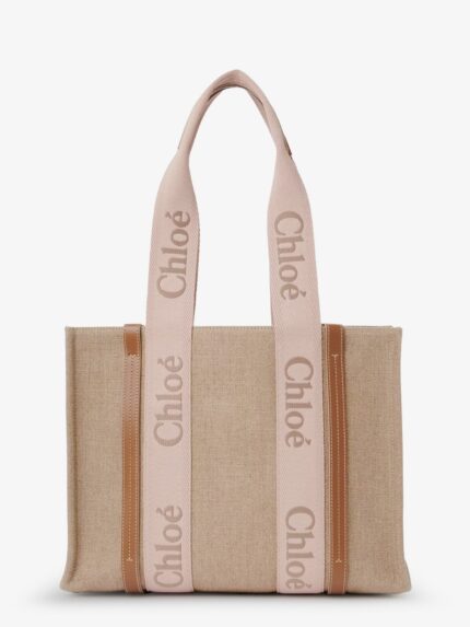 CHLOE' Woody Linen Shoulder Bag With Front Embroidered Logo