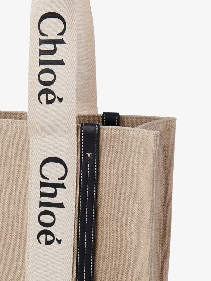 CHLOE' Woody Linen Shoulder Bag With Front Lettering Logo
