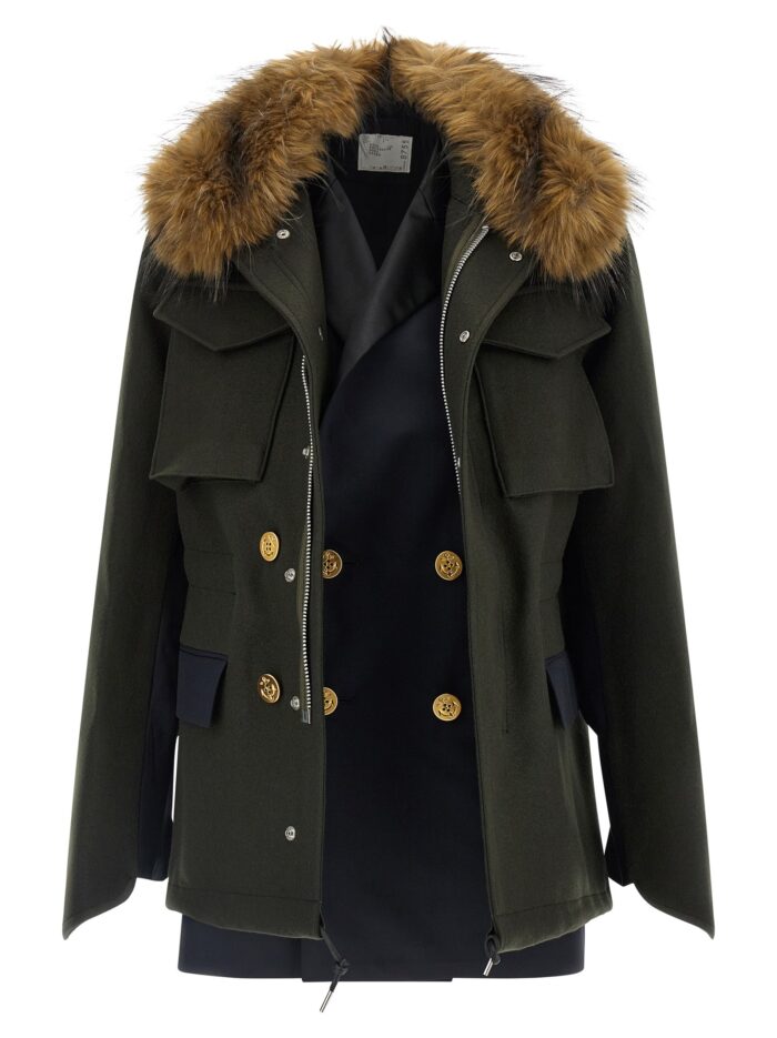 SACAI Wool Coat With Fur Insert
