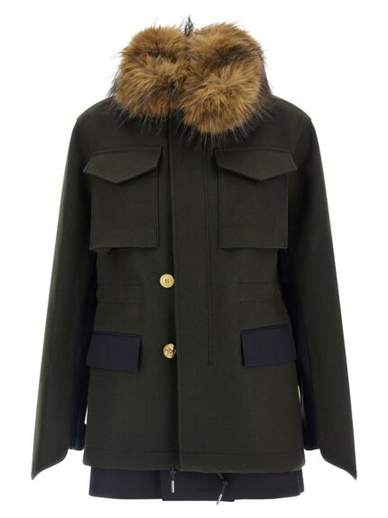 SACAI Wool Coat With Fur Insert