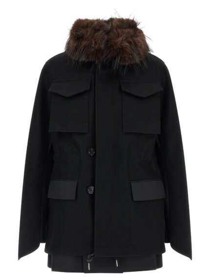 SACAI Wool Coat With Fur Insert