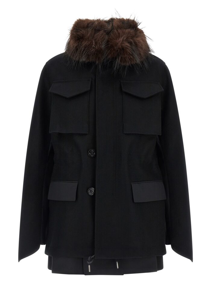 sacai wool coat with fur insert SACAI Wool Coat With Fur Insert