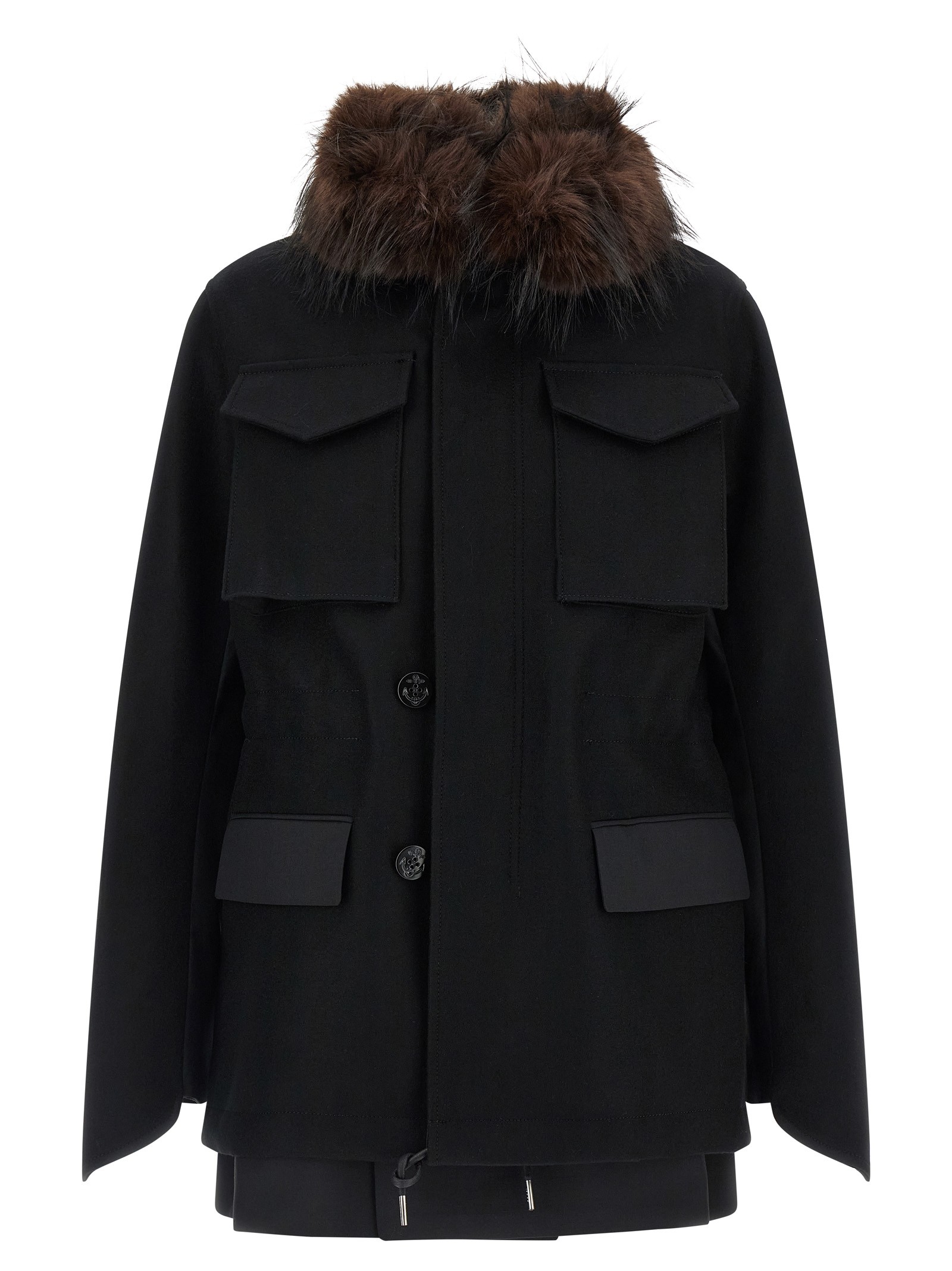 SACAI Wool Coat With Fur Insert