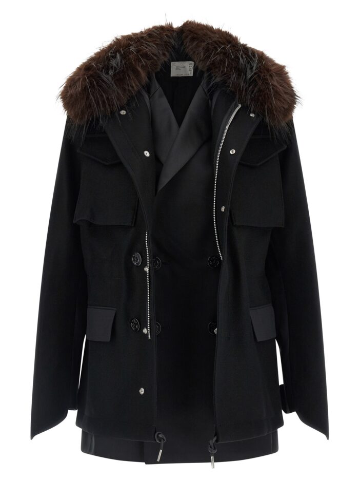 SACAI Wool Coat With Fur Insert