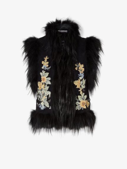 Fendi Wool Vest With Floral Embroidery And Fox Fur Trim