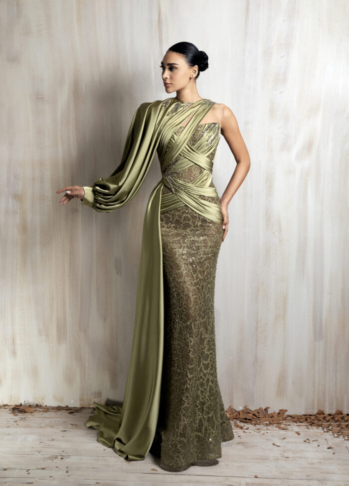 Ziad Nakad Asymmetric Olive Green Gown Ziad Nakad Asymmetric Olive Green Gown