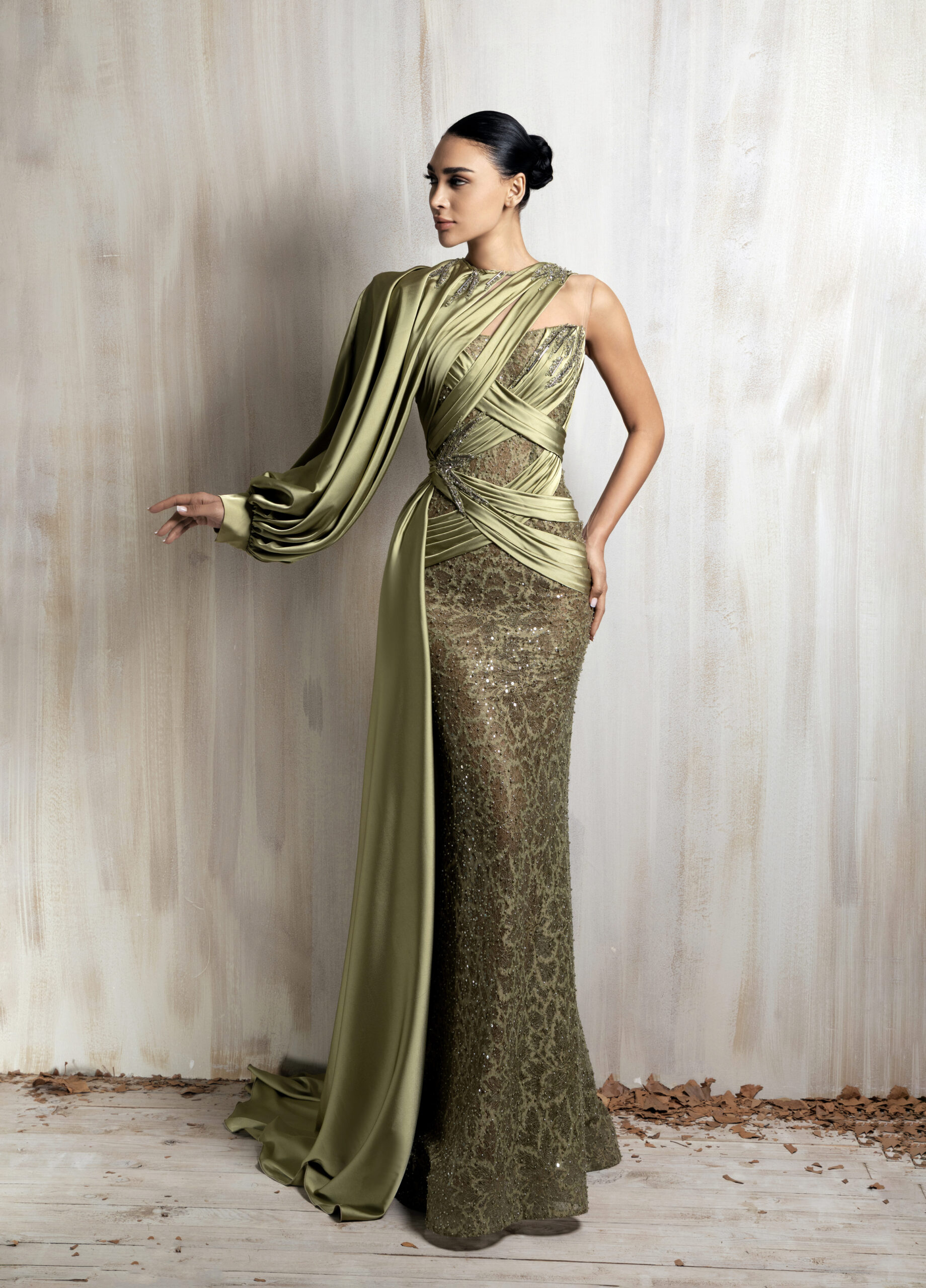 Ziad Nakad Asymmetric Olive Green Gown