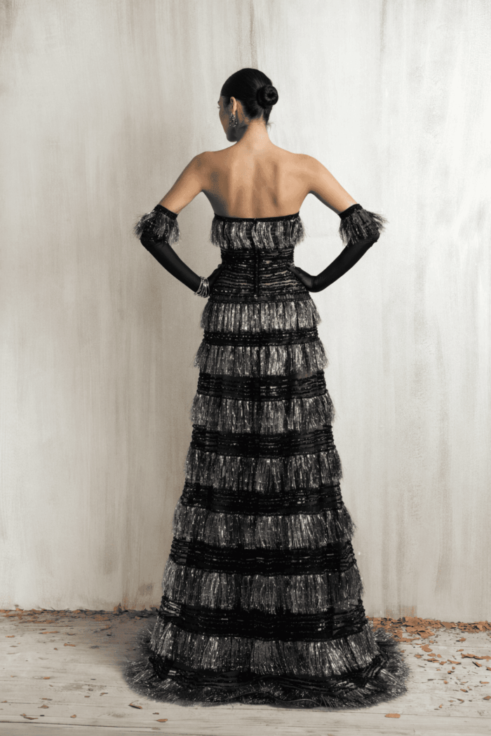 Ziad Nakad Black And Silver Strapless Fringe Gown