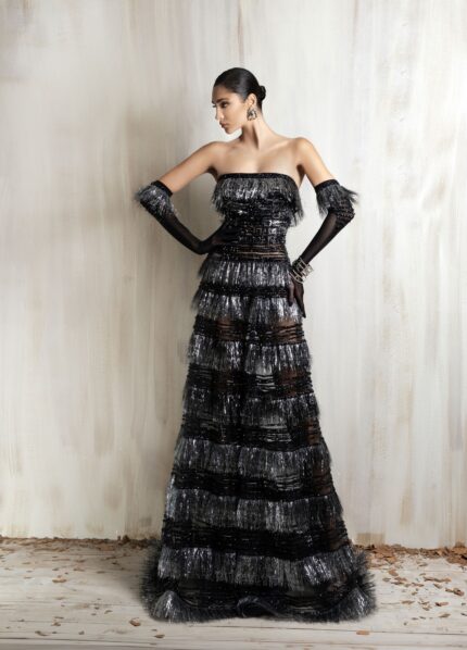 Ziad Nakad Black And Silver Strapless Fringe Gown