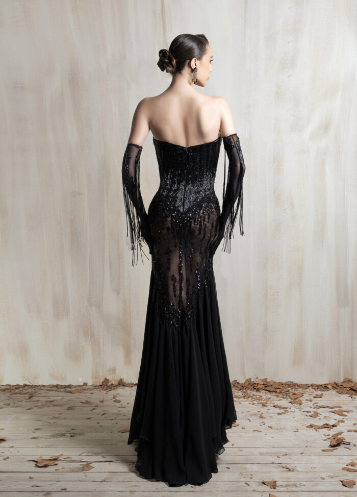 Ziad Nakad Black Strapless Lace Gown