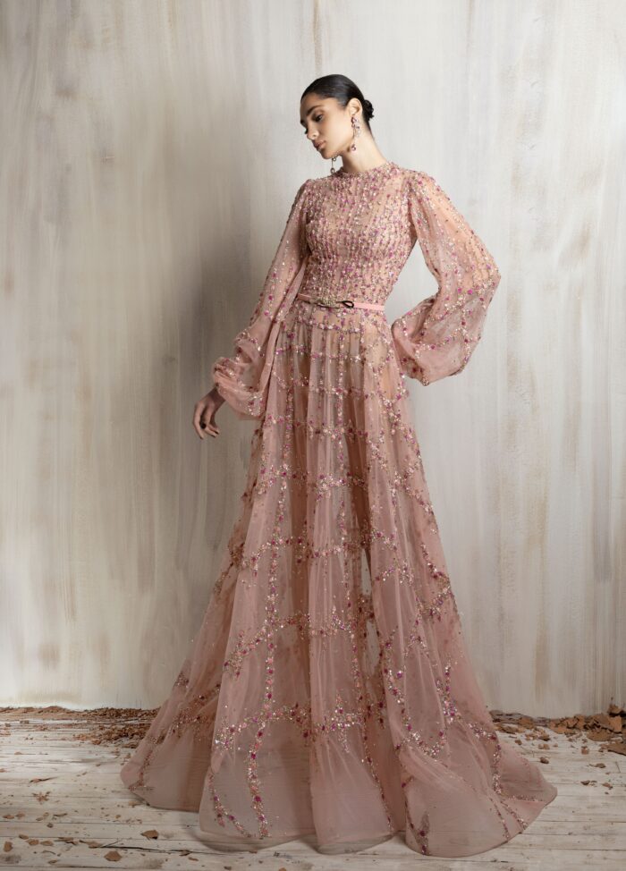 Ziad Nakad Blush Pink Beaded Tulle Gown