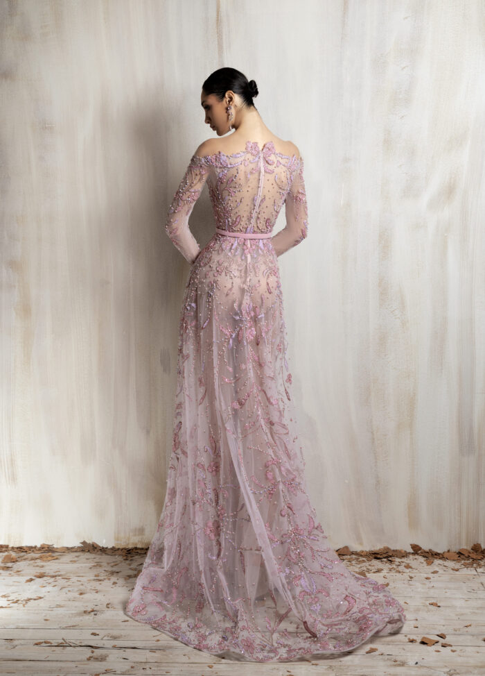 Ziad Nakad Blush Pink Embroidered Tulle Gown
