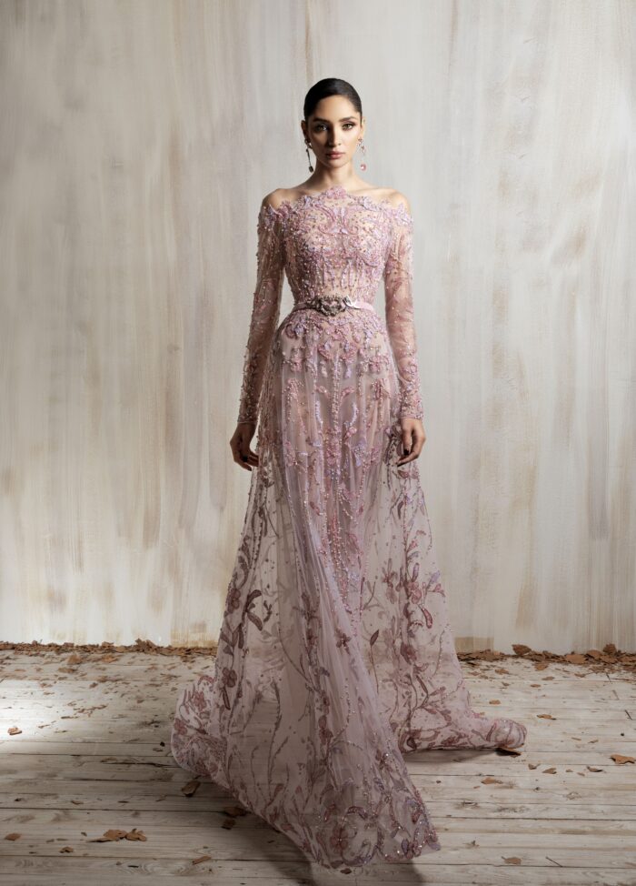 Ziad Nakad Blush Pink Embroidered Tulle Gown Ziad Nakad Blush Pink Embroidered Tulle Gown