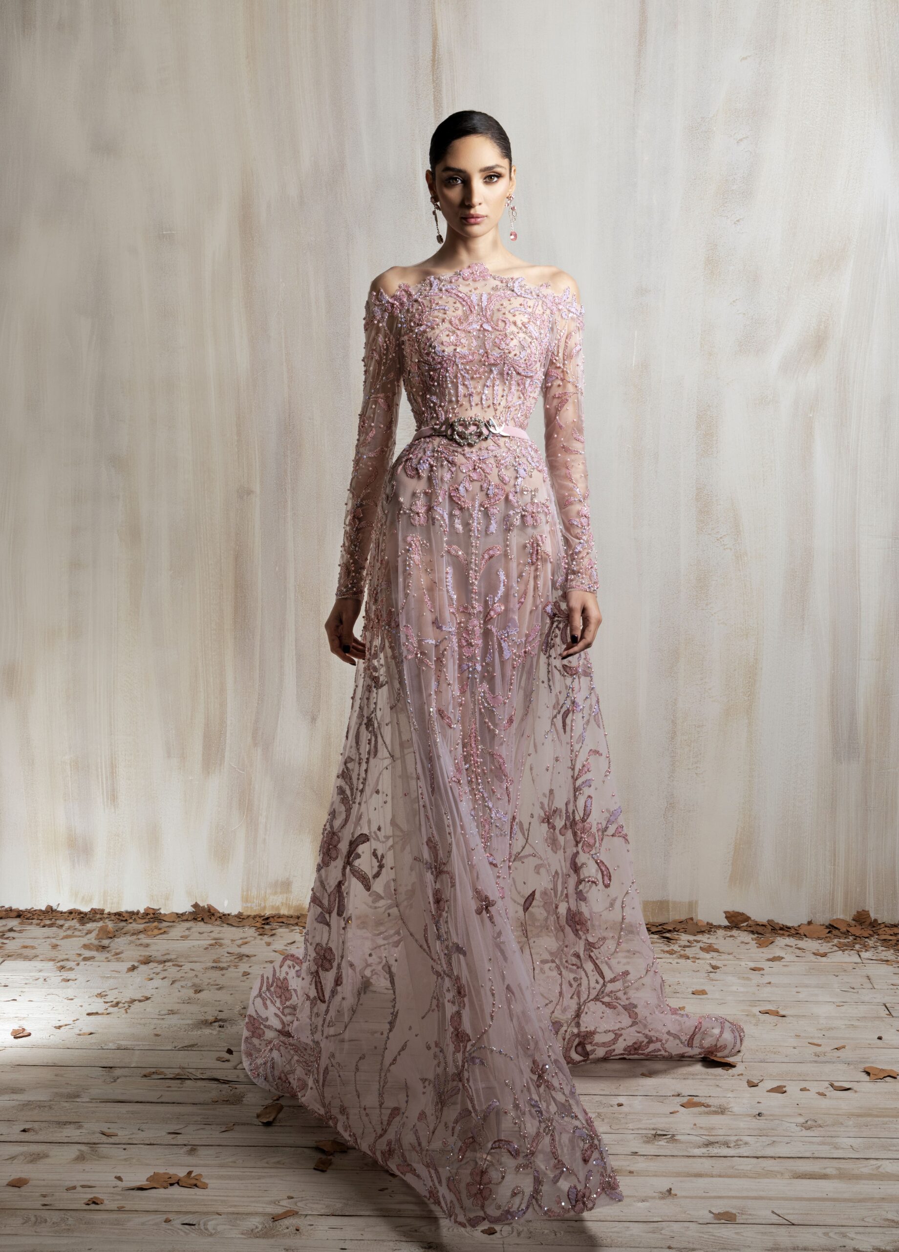 Ziad Nakad Blush Pink Embroidered Tulle Gown