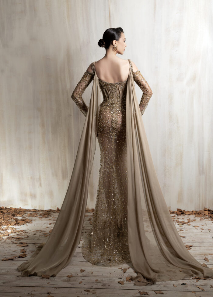 Ziad Nakad Bronze Beaded Mermaid Gown