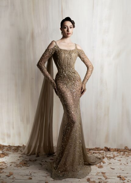 Ziad Nakad Bronze Beaded Mermaid Gown