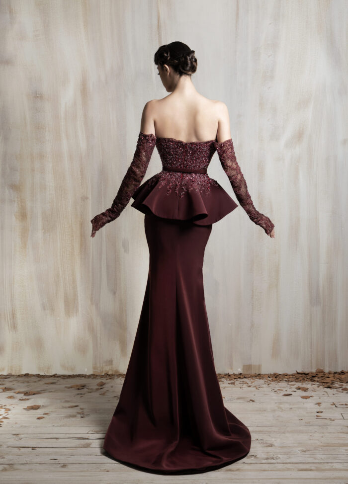 Ziad Nakad Burgundy Off-shoulder Gown