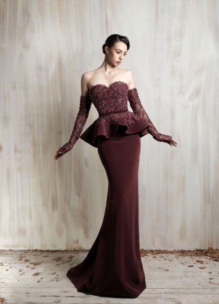 Ziad Nakad Burgundy Off-shoulder Gown