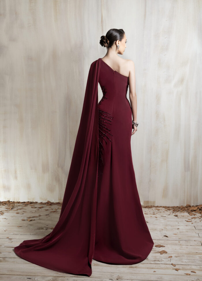 Ziad Nakad Burgundy One-shoulder Gown