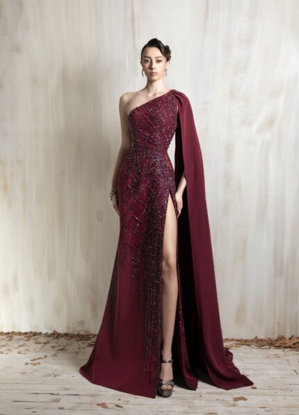 Ziad Nakad Burgundy One-shoulder Gown