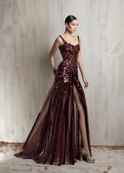 Ziad Nakad Burgundy Sequined Gown