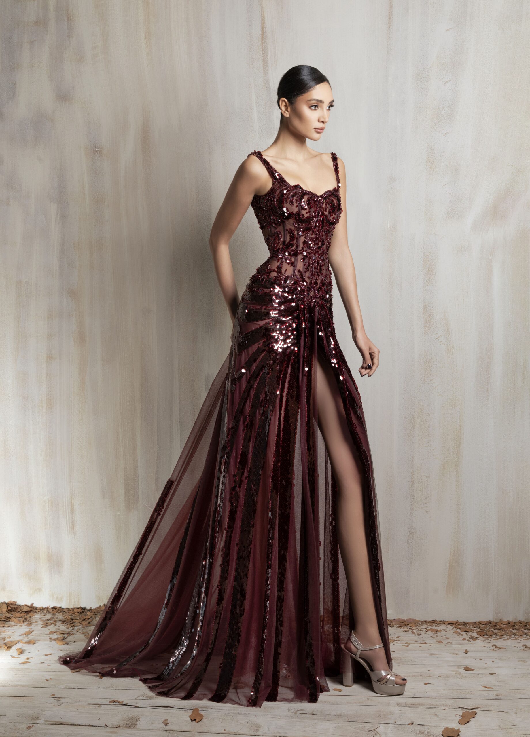 Ziad Nakad Burgundy Sequined Gown