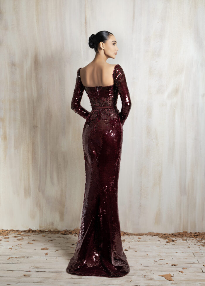 Ziad Nakad Burgundy Sequined Long-sleeve Gown