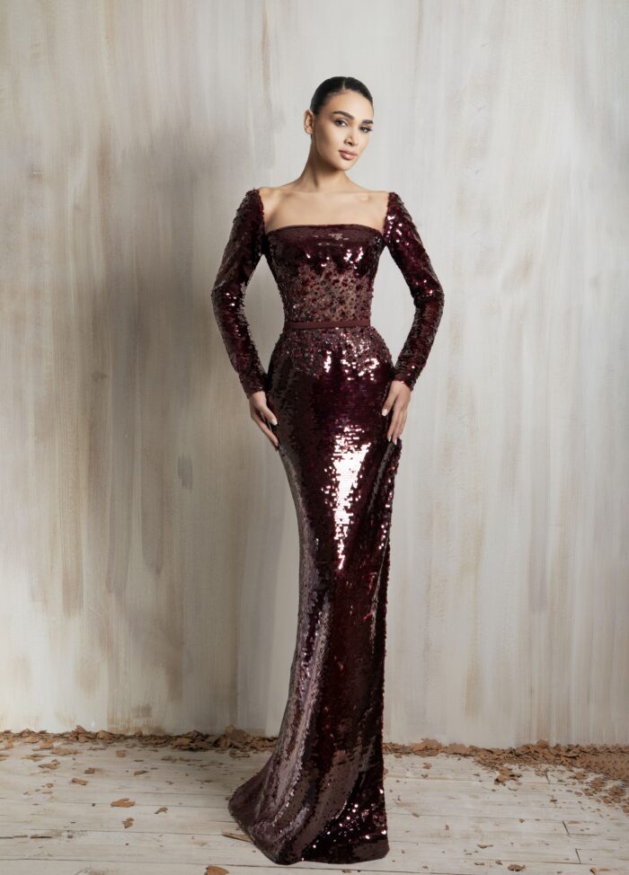 Ziad Nakad Burgundy Sequined Long-sleeve Gown
