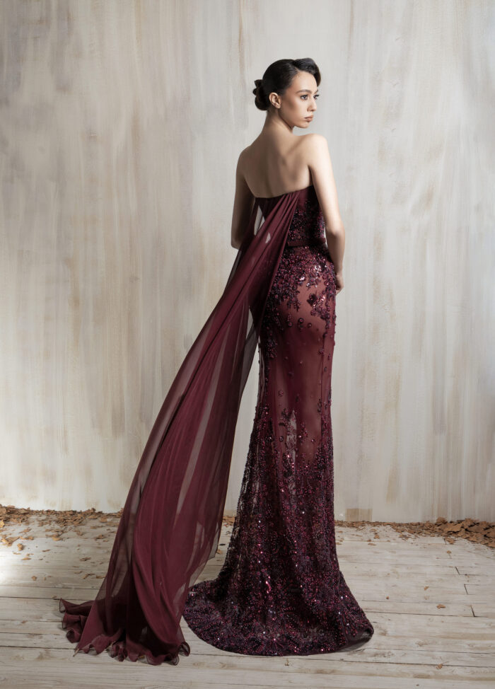 Ziad Nakad Burgundy Strapless Gown