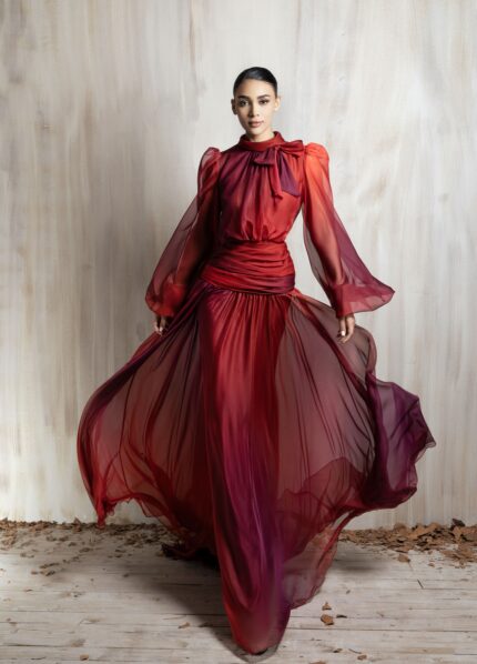 Ziad Nakad Crimson Sheer Gown