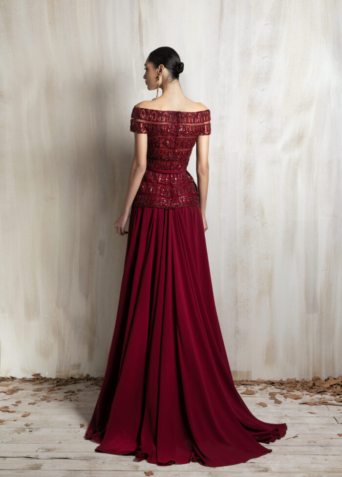 Ziad Nakad Deep Red Off-shoulder Gown