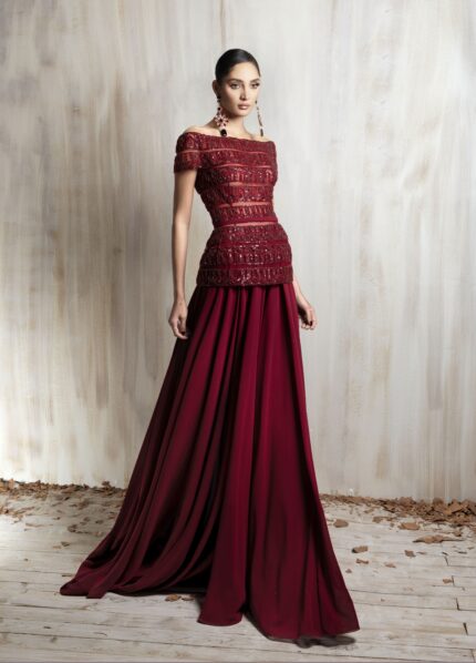 Ziad Nakad Deep Red Off-shoulder Gown