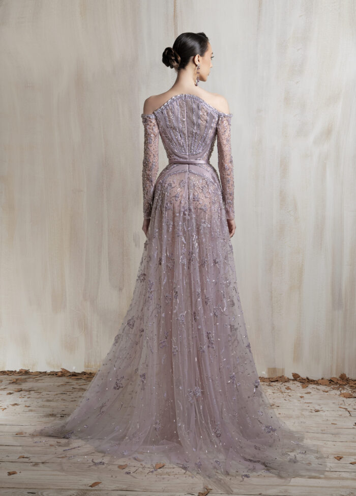 Ziad Nakad Dusty Lavender Beaded Tulle Gown