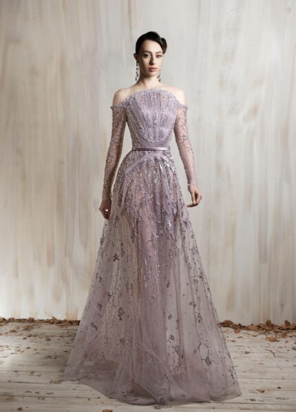 Ziad Nakad Dusty Lavender Beaded Tulle Gown