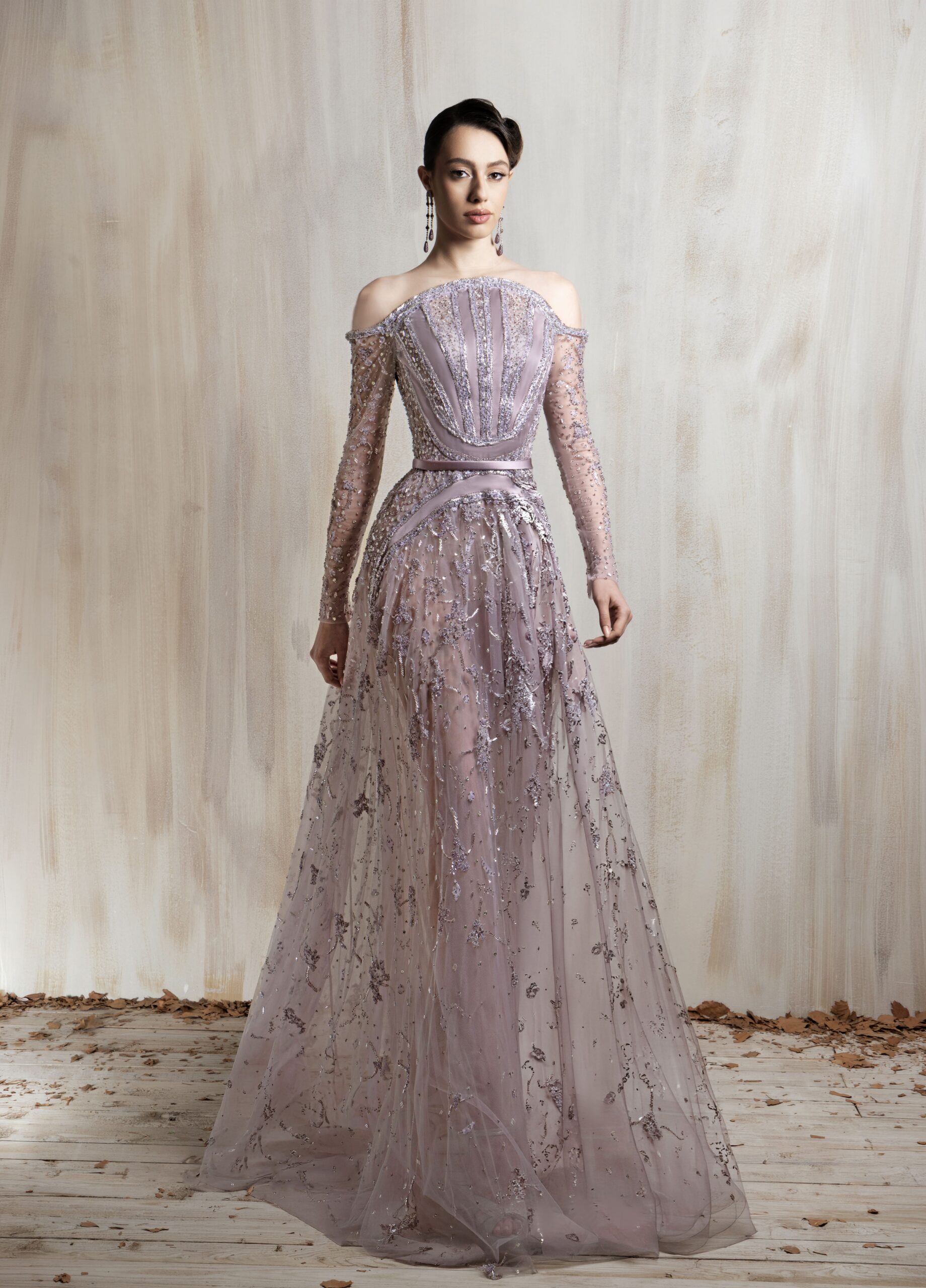 Ziad Nakad Dusty Lavender Beaded Tulle Gown