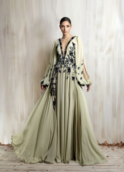 Ziad Nakad Flowing Sage Chiffon Gown