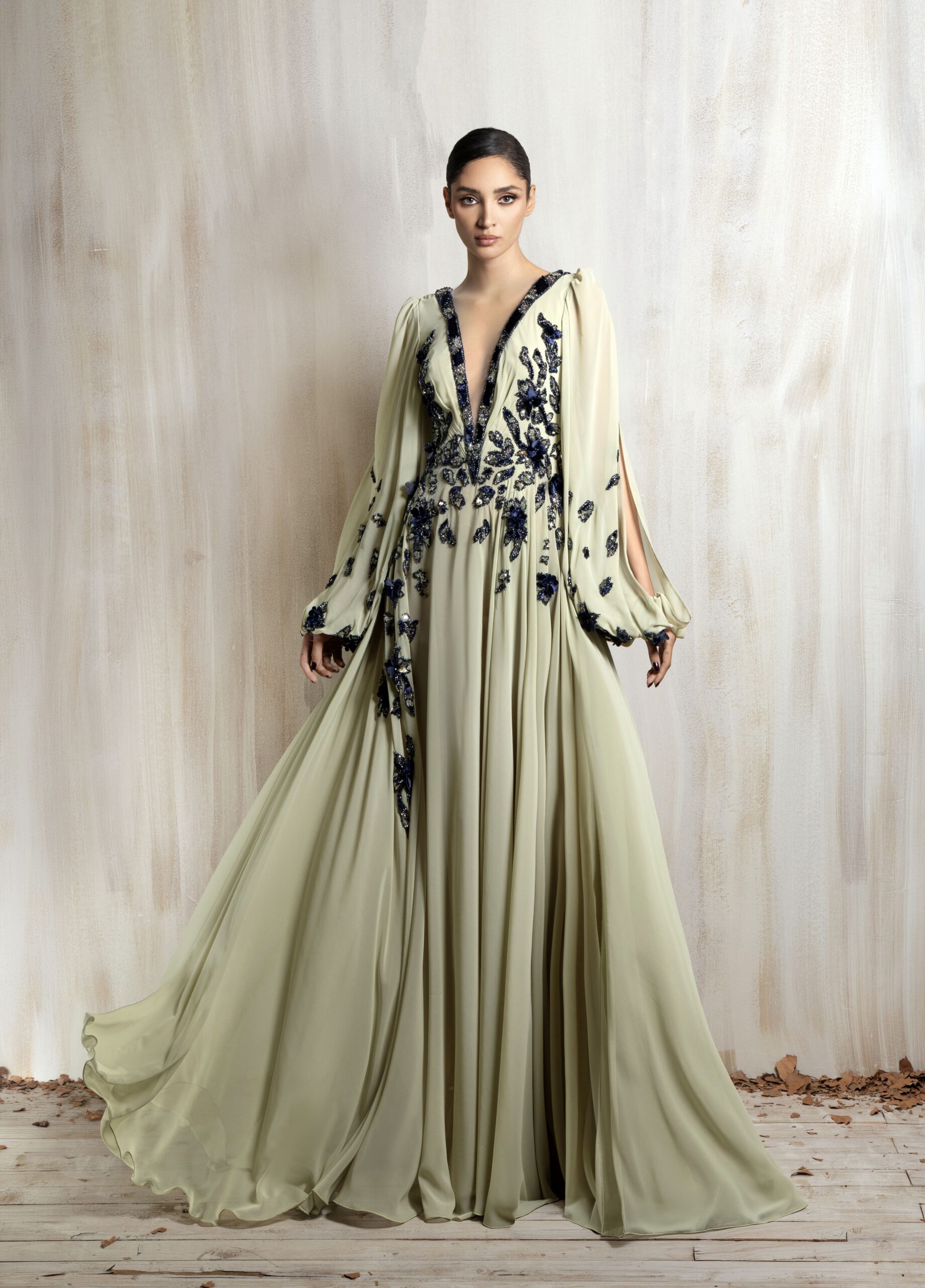Ziad Nakad Flowing Sage Chiffon Gown