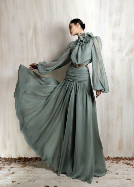 Ziad Nakad Flowing Sage Green Chiffon Gown