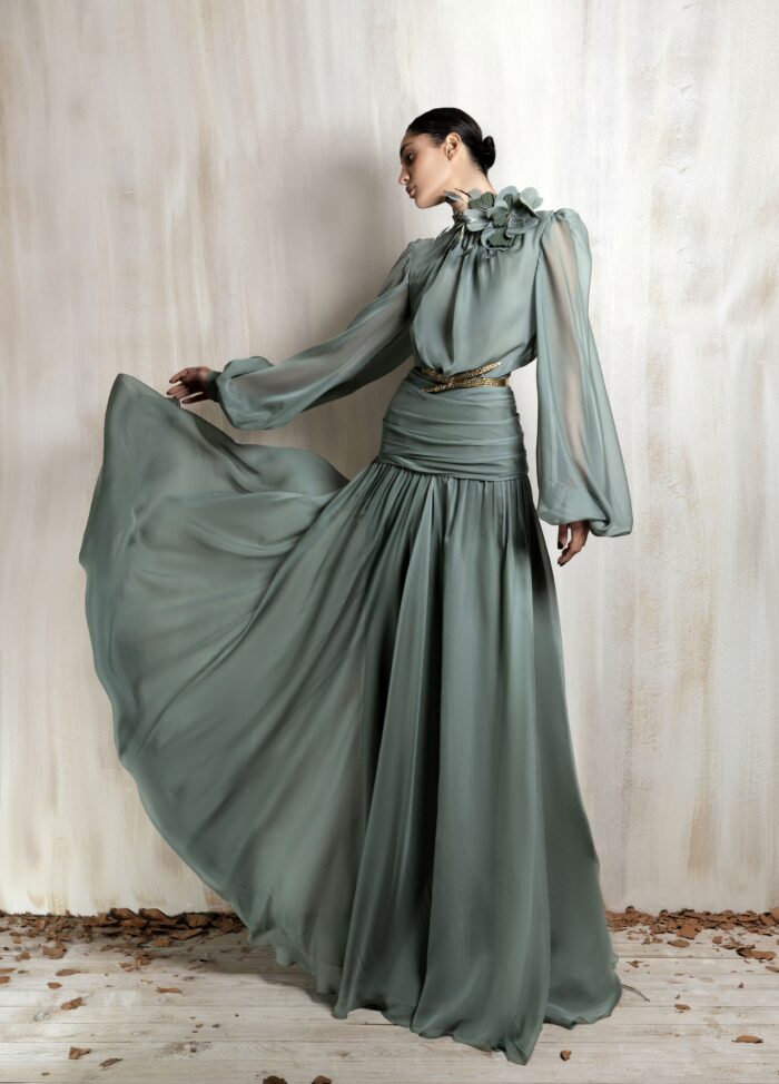 Ziad Nakad Flowing Sage Green Chiffon Gown