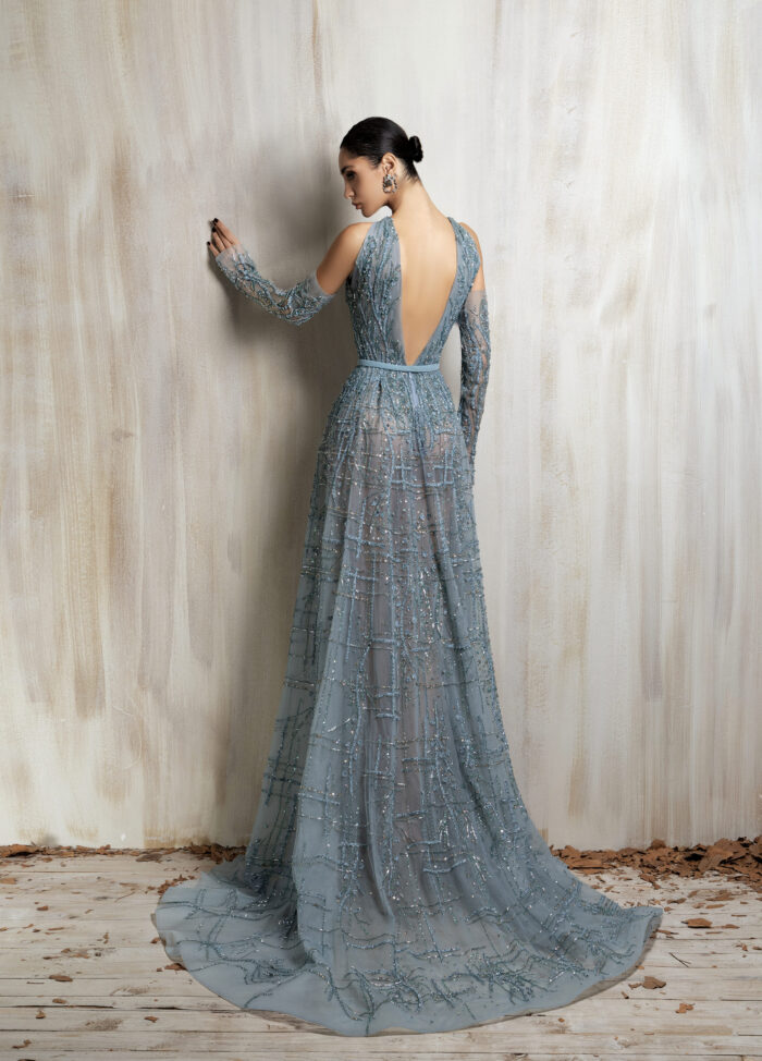Ziad Nakad High-neck Sheer Aqua Gown
